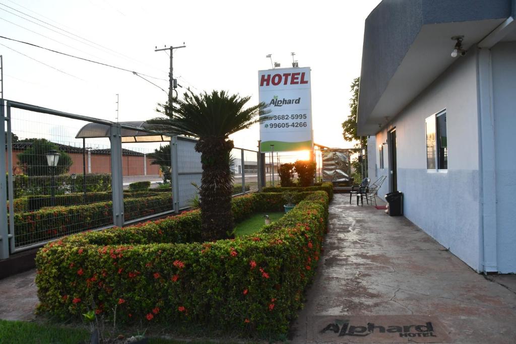 a building with a palm tree and flowers outside at Hotel Alphard in Várzea Grande
