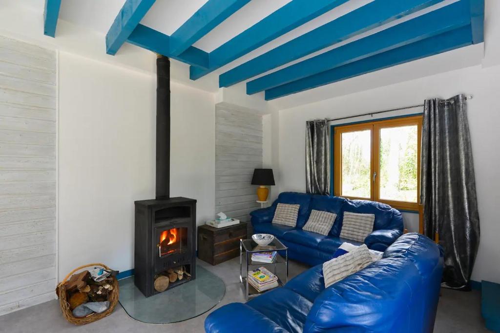 a living room with a blue couch and a fireplace at Plage700m, Maison d'hôte très calme,écrin de verdure, Sauna, Borne élect, Bord GR34 in Moëlan-sur-Mer