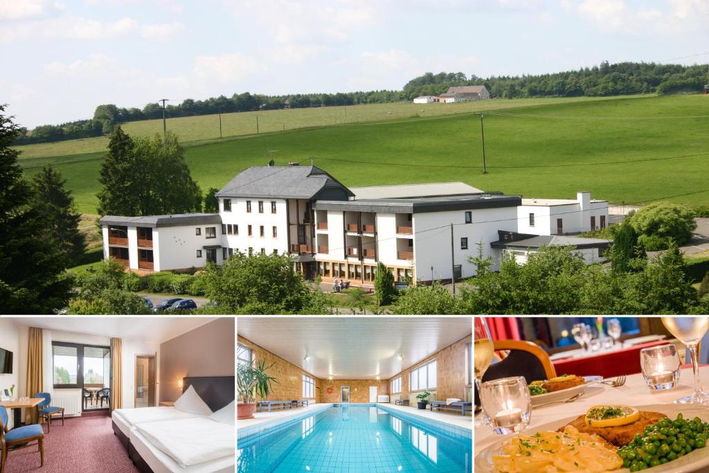 eine Collage mit Bildern eines Hauses und eines Pools in der Unterkunft Pension Haus Anny in Deudesfeld