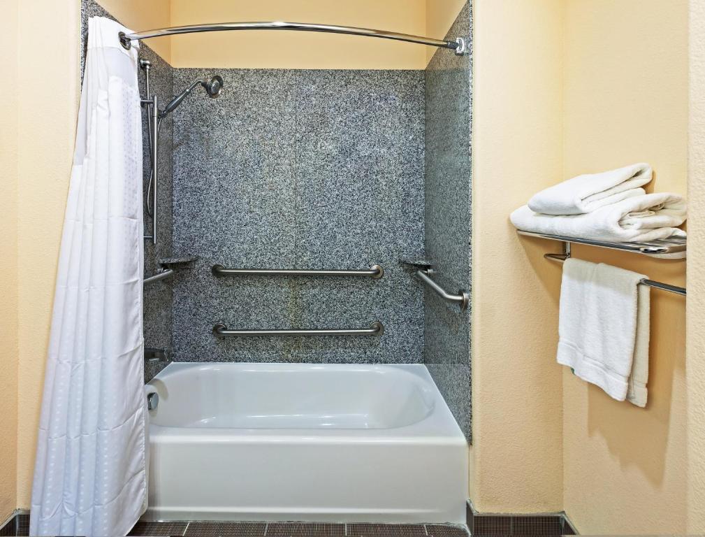 uma casa de banho com uma banheira branca e um chuveiro em Holiday Inn Express & Suites Cleveland, an IHG Hotel em Cleveland