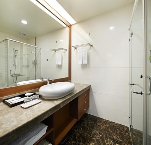 a bathroom with a white sink and a shower at Guanko Hotel in Chiayi City
