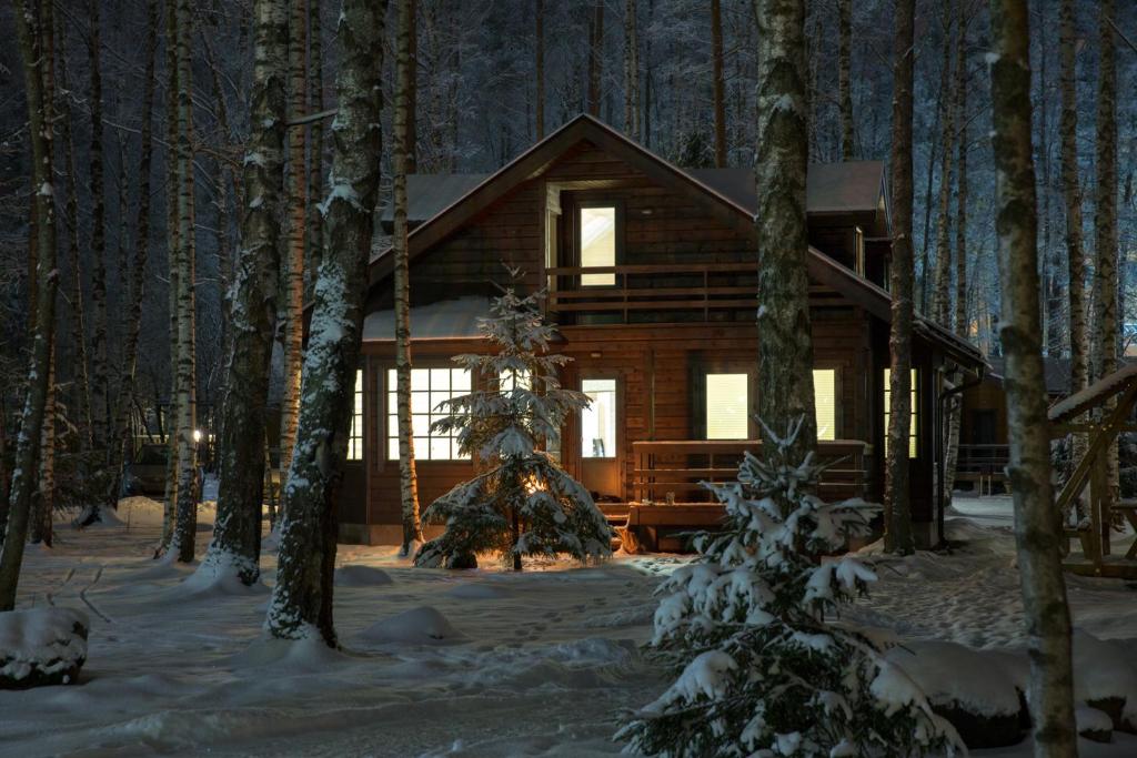 una cabaña de madera en el bosque en la nieve en Park Hotel Zolotaya Dolina, en Korobitsyno