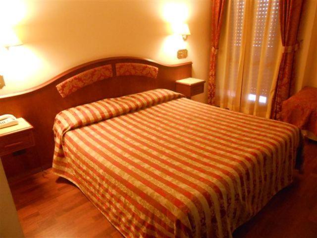 a hotel room with a bed with a striped blanket at Hotel Valdaso in Pedaso