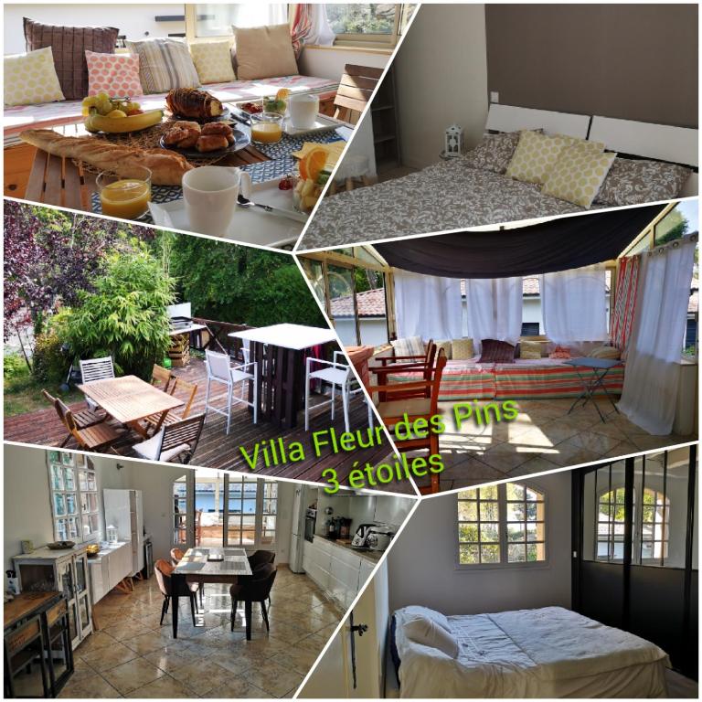 un collage de photos d'un salon et d'une cuisine dans l'établissement VILLA FLEUR DES PINS 6 PERSONNES 140m2 PETIT NICE, à Gujan-Mestras