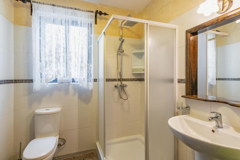a bathroom with a shower and a toilet and a sink at Ghajn Damma in Xagħra