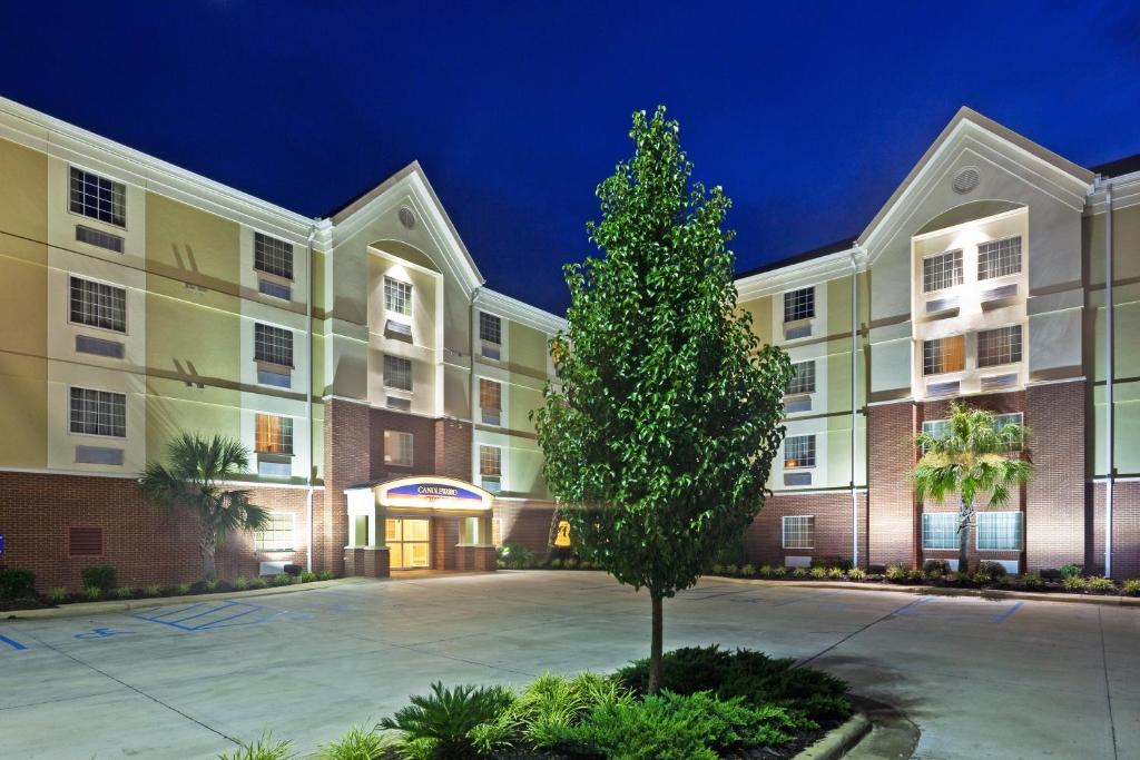 un gran edificio de apartamentos con un árbol en la parte delantera en Candlewood Suites Hattiesburg, an IHG Hotel, en Hattiesburg