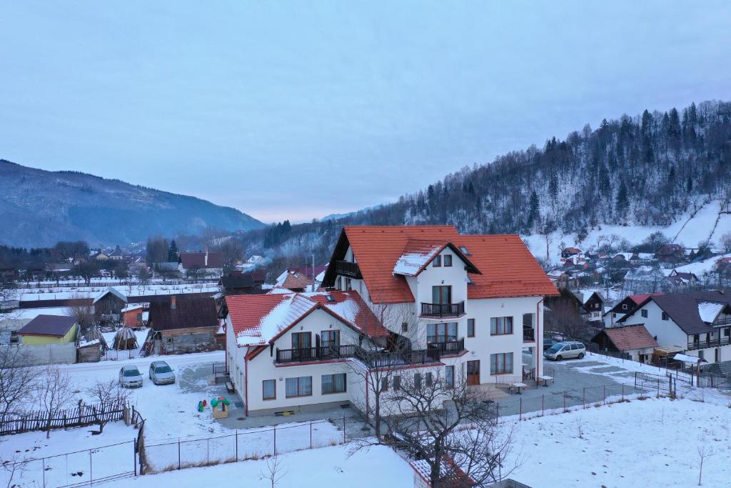 a house with a red roof in the snow at Hotel Rabbit Bran in Moieciu de Jos