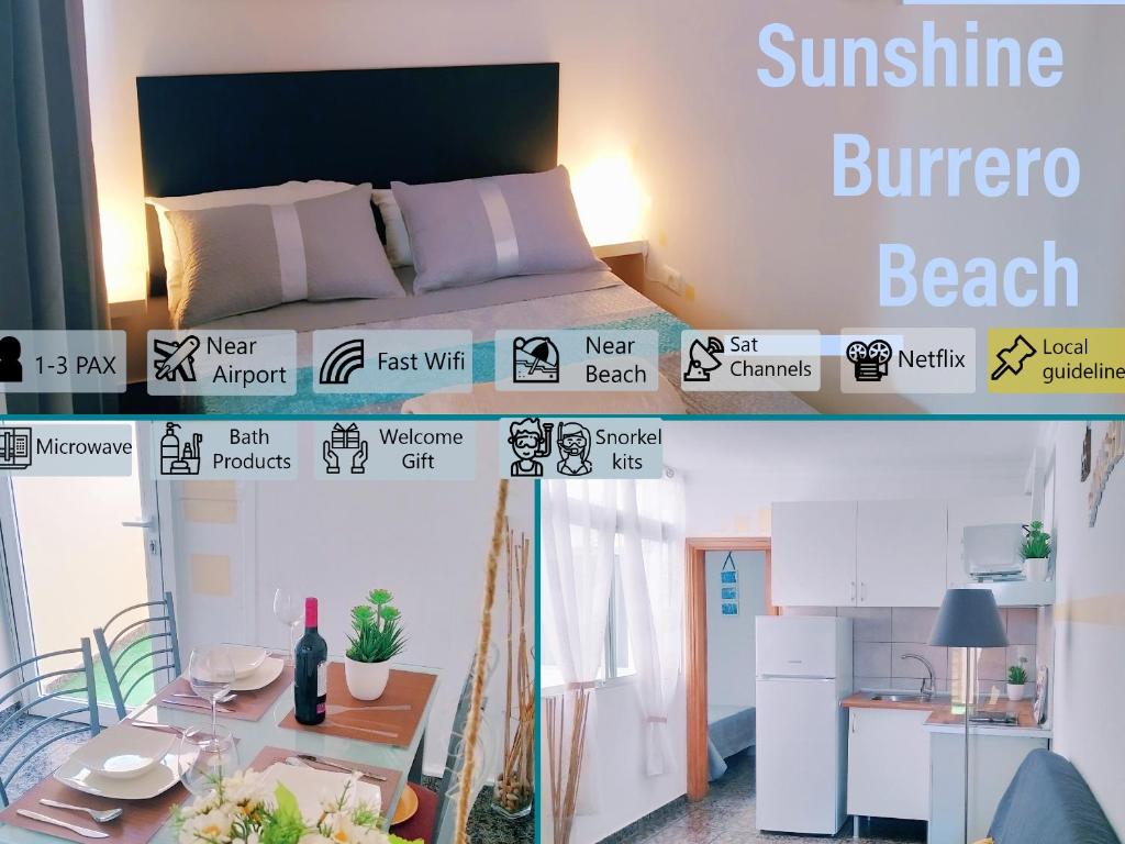 Sunshine & Burrero Beach Vacation في Playa del Burrero: غرفة بسرير وطاولة في غرفة
