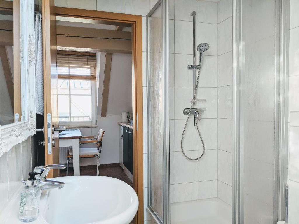 a bathroom with a shower and a sink at Über den Dächern der historischen Altstadt in Angermünde