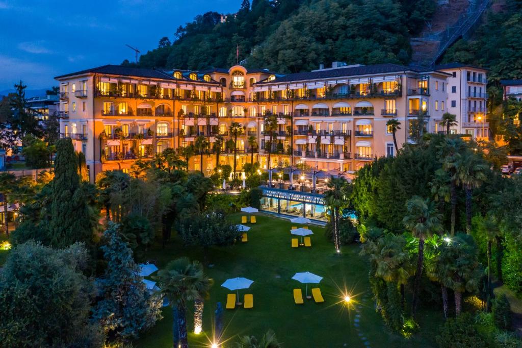 an aerial view of a hotel at night at Grand Hotel Villa Castagnola in Lugano