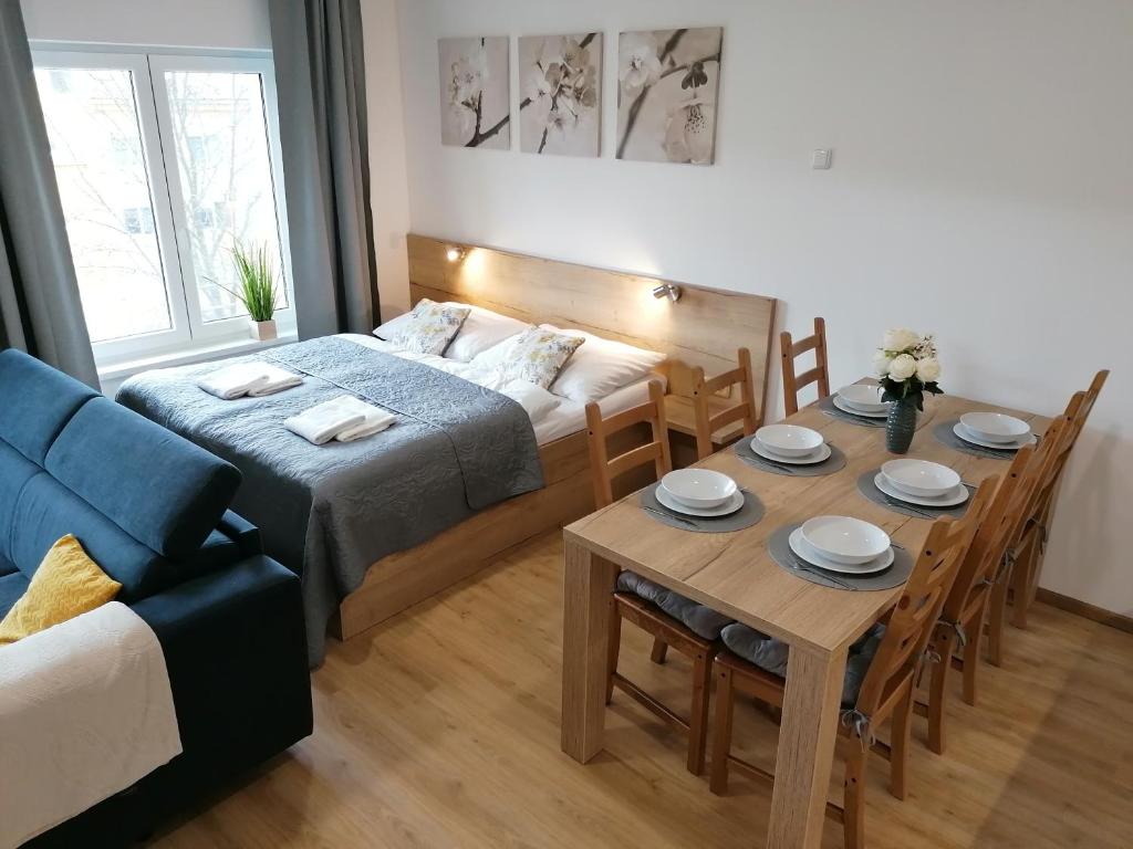 Zimmer mit einem Bett, einem Tisch und einem Sofa in der Unterkunft Apartmán Frymburk-Lipno G10 in Frymburk