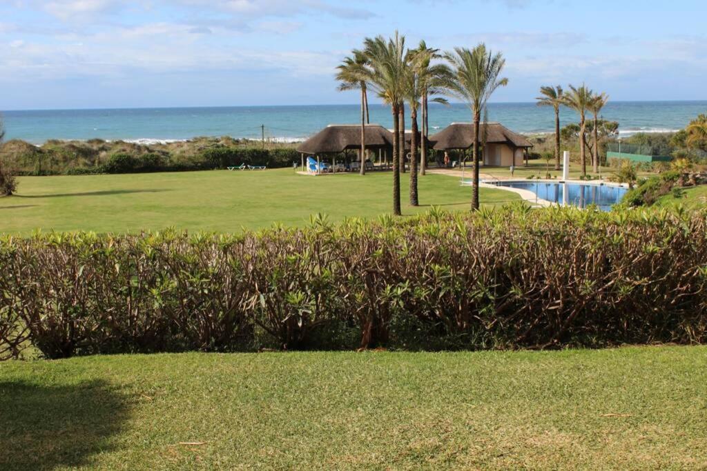 un complejo con piscina, palmeras y océano en Marbella beachside apartment in 5 star gated, en Marbella