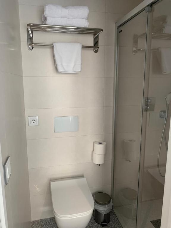 a bathroom with a toilet and a shower with towels at Nerja Casual Rooms in Nerja