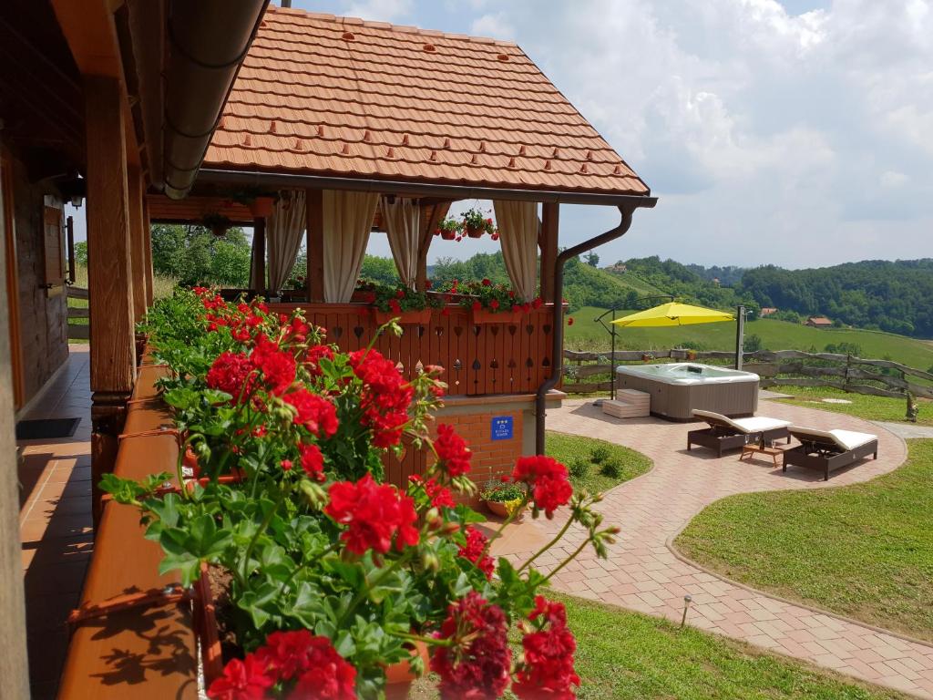 a gazebo with red flowers on a patio at Kuslec Holiday Home in Desinić