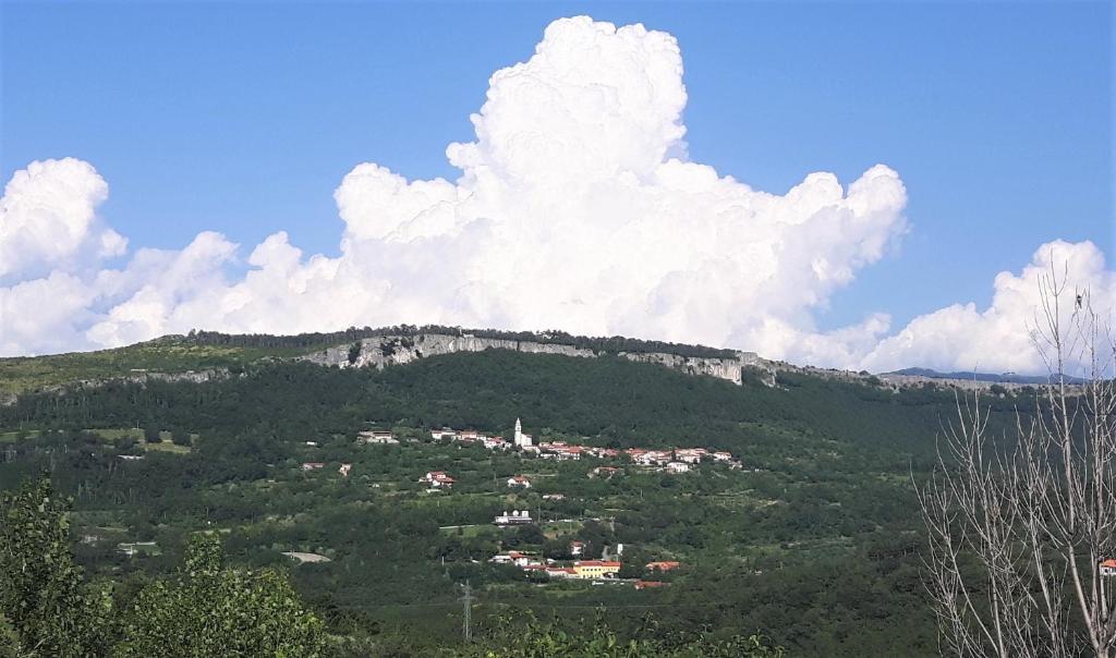 a mountain with a town on top of it at Relax in Črni Kal 2 in Črni Kal