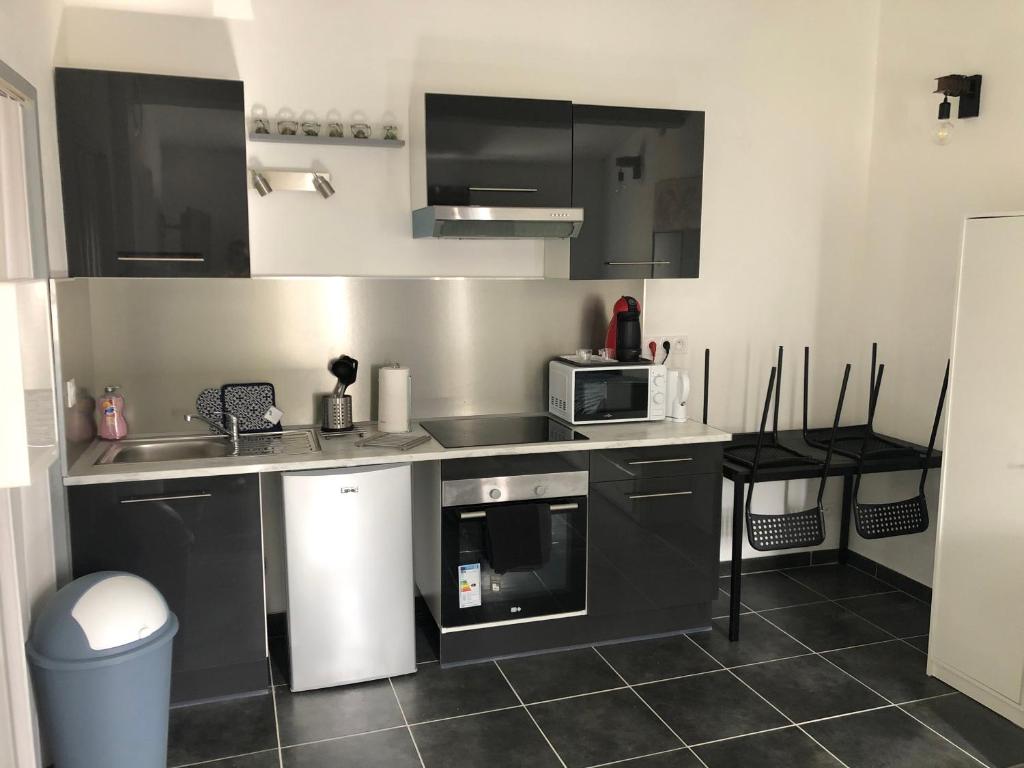 une cuisine avec un évier et un micro-ondes dans l'établissement Jolis studios centre Avignon, à Avignon
