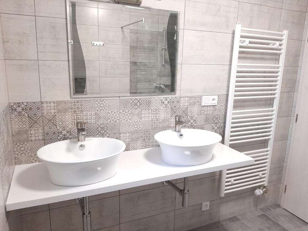 łazienka z 2 umywalkami i lustrem w obiekcie apartmán U Rané BOBULE w Znojmie