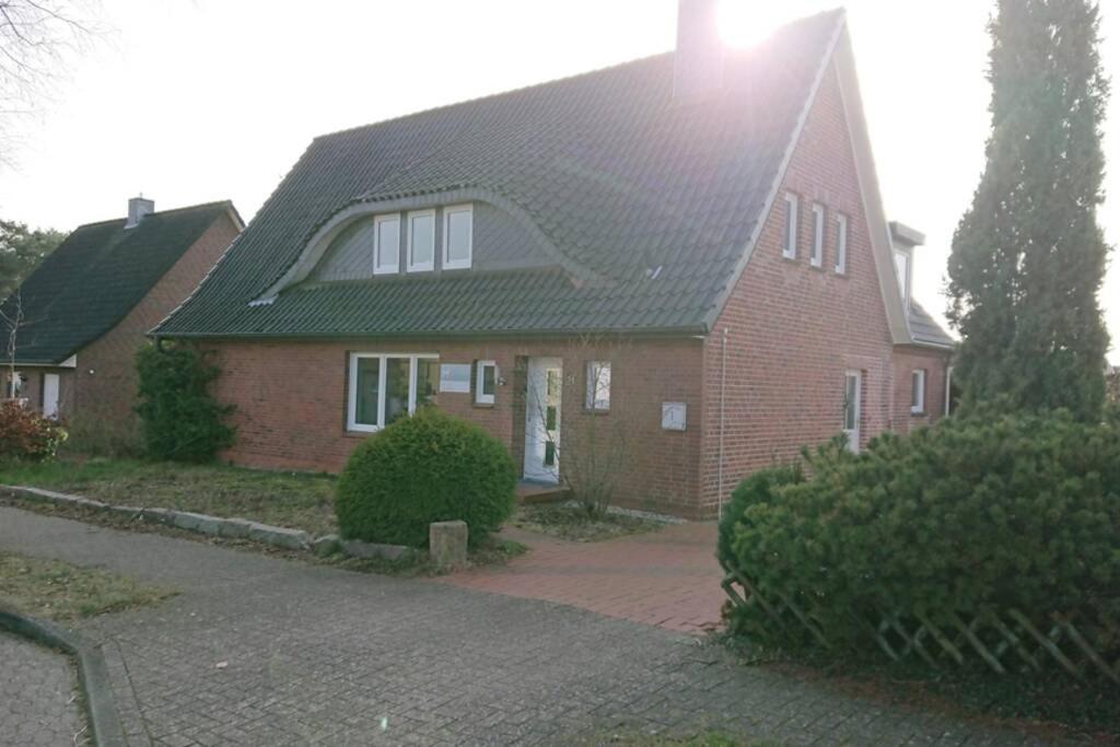 una casa de ladrillo rojo con techo verde en FeWo Birkenweg, en Schneverdingen