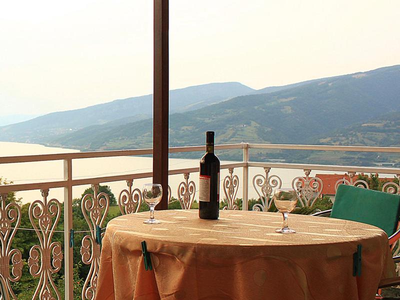 uma garrafa de vinho sentada numa mesa com dois copos em Gajanovic Rooms em Donji Milanovac