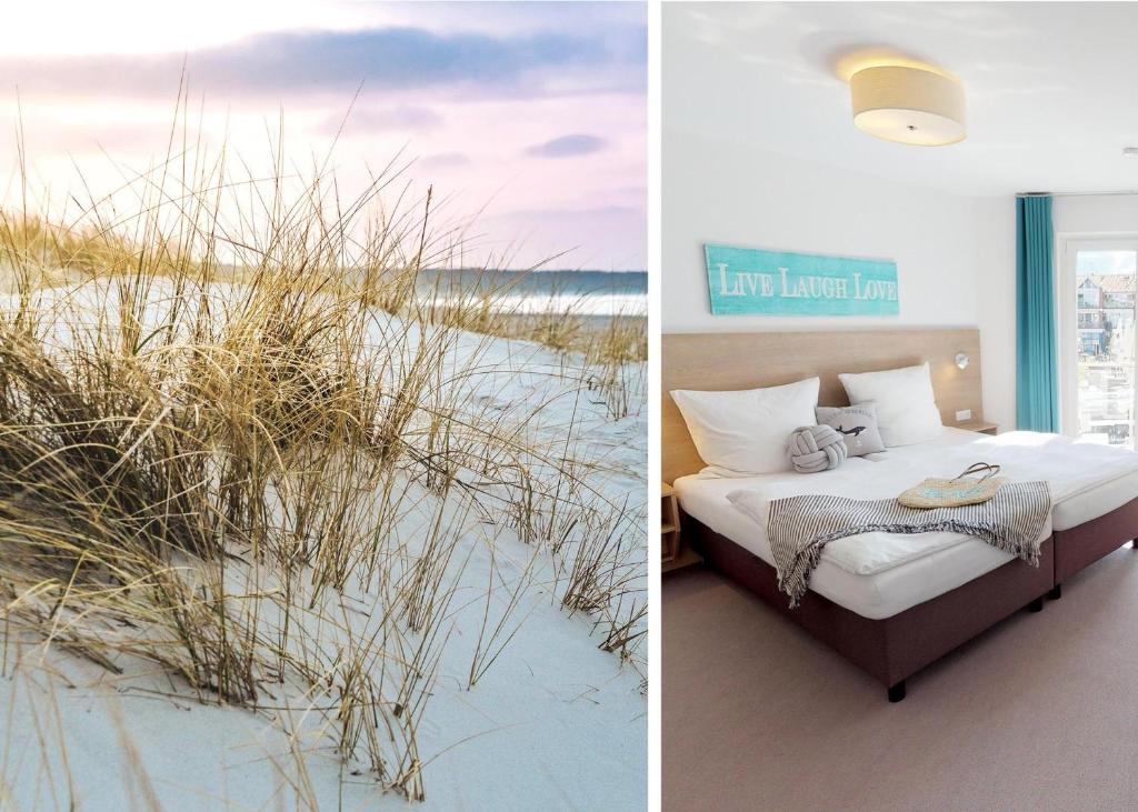 two pictures of a bedroom with a bed in the sand at Seesichtpur Wohnung Kaiser in Pelzerhaken