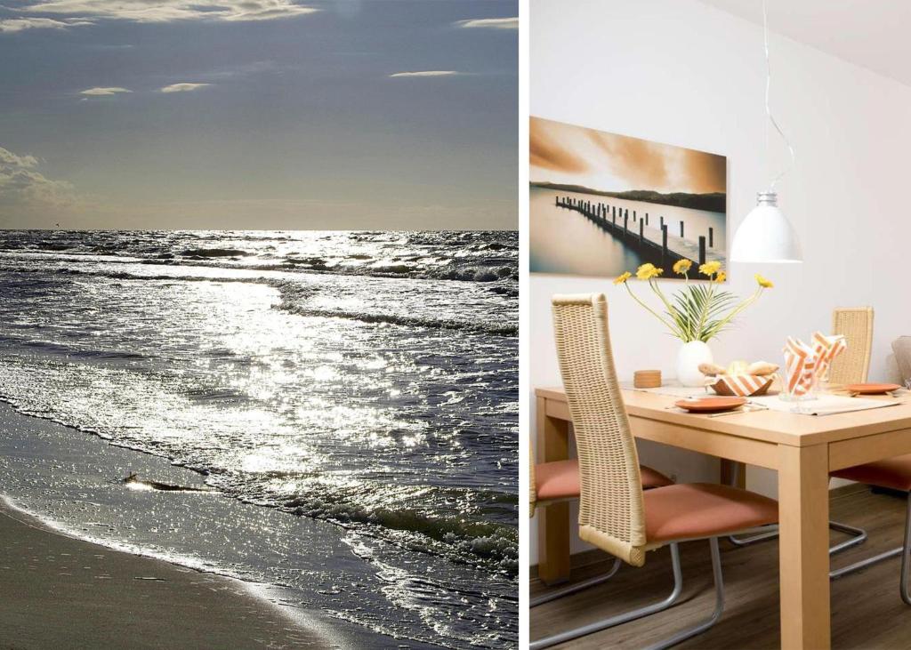 ペルツァーハケンにあるVilla Meeresrauschen Wohnung 14のダイニングルーム(テーブル付)が備わり、海の景色を望めます。