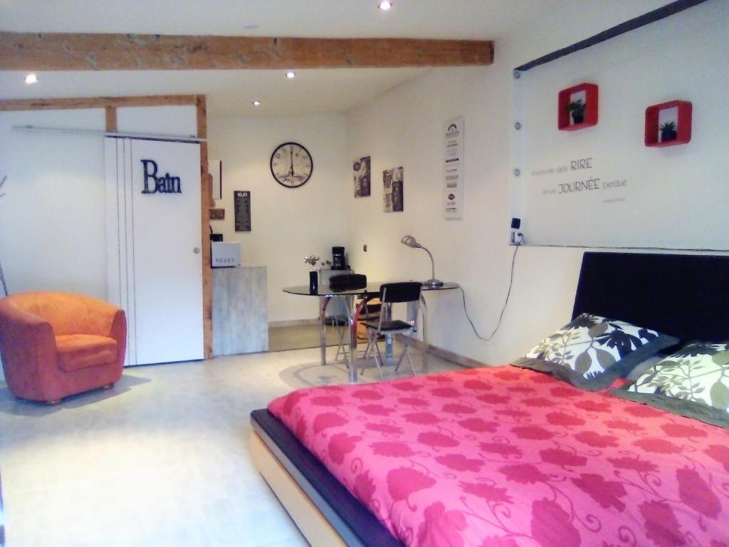1 dormitorio con 1 cama, 1 mesa y 1 silla en Dolce Casa, en Sainte-Foy-lès-Lyon