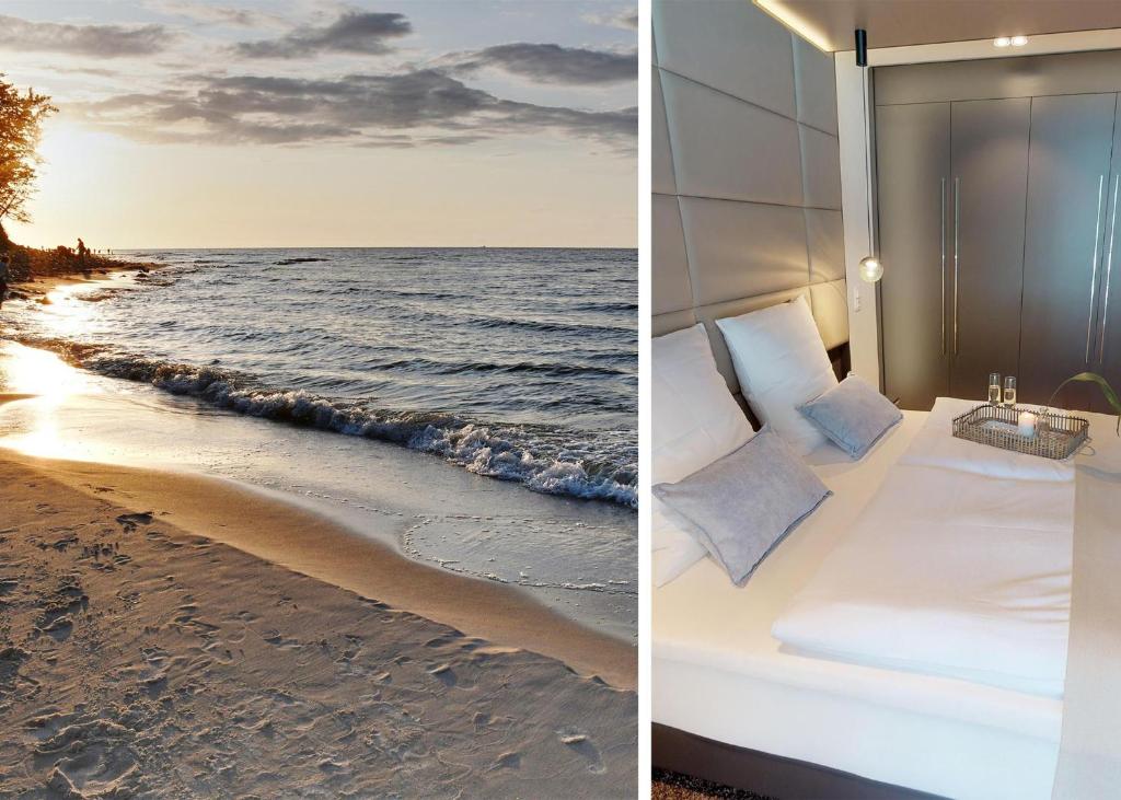 a hotel room with a bed on the beach at White Pearl Apartment 0.09 in Timmendorfer Strand