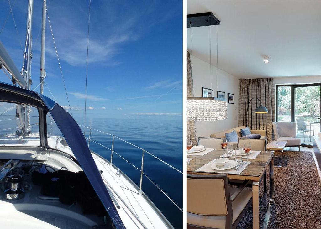 a living room and a dining room on a boat at White Pearl Apartment 1.08 in Timmendorfer Strand