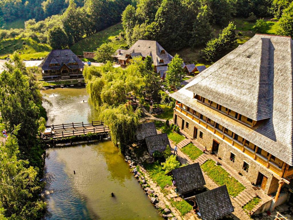 an aerial view of a building and a river at Păstrăvăria Alex in Mara