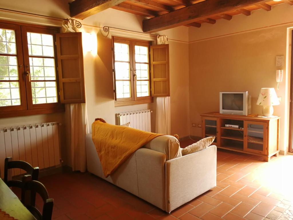 salon z kanapą i telewizorem w obiekcie Residence il Poggiolino w mieście Montecarelli