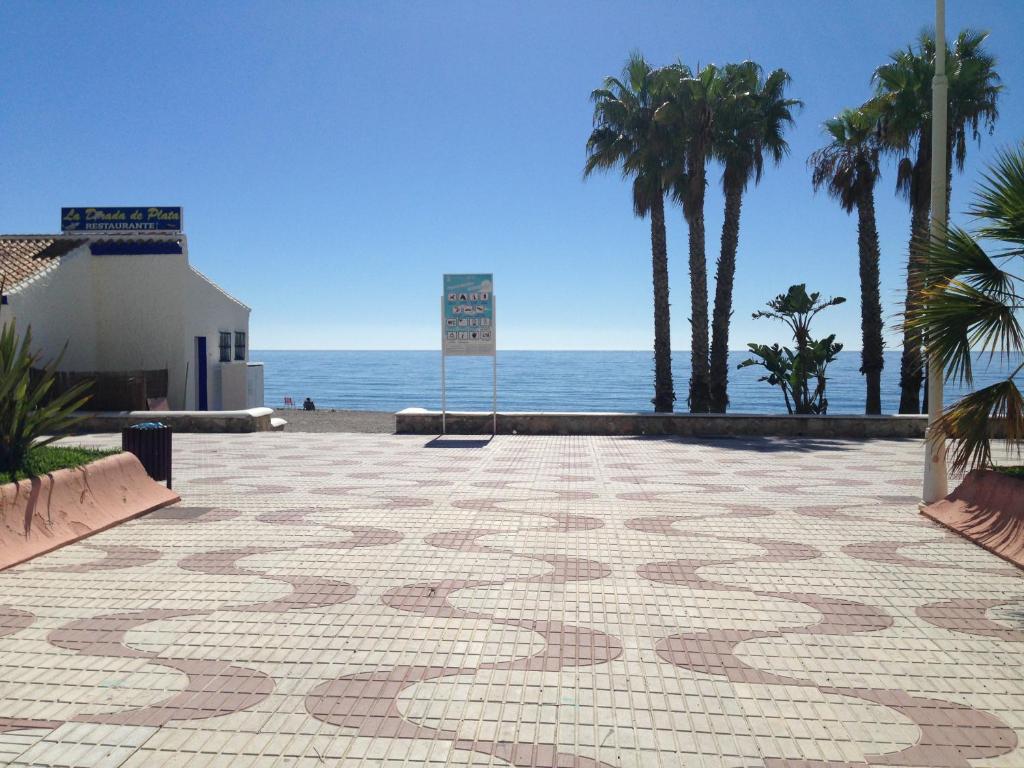 una pasarela de azulejos junto al océano con palmeras en Apartamento 1a linea playa com piscina Almuñécar, en Almuñécar