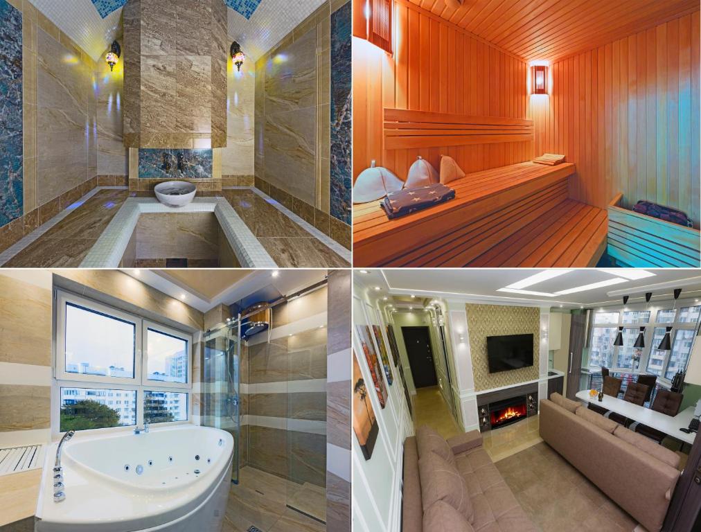 a collage of four pictures of a bathroom at Hammam , big Jacuzzi ,Sauna , 2 bedroom , Khrechatik in Kyiv