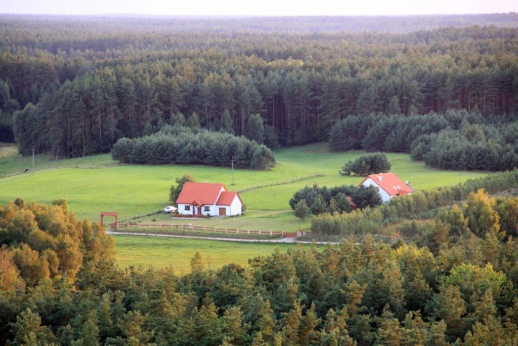 a farm with two red barns on a green field at Dom pod Dziką Gruszą in Piecki