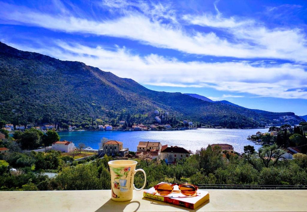 una tazza di caffè appoggiata su un tavolo con vista sul lago di Apartment Blue Infinity 3 LeMi a Zaton