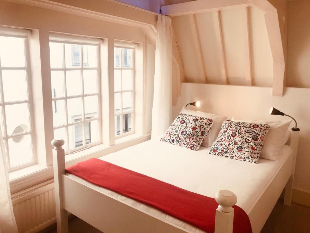 een slaapkamer met een bed en 2 ramen bij Little Tulip in Amsterdam
