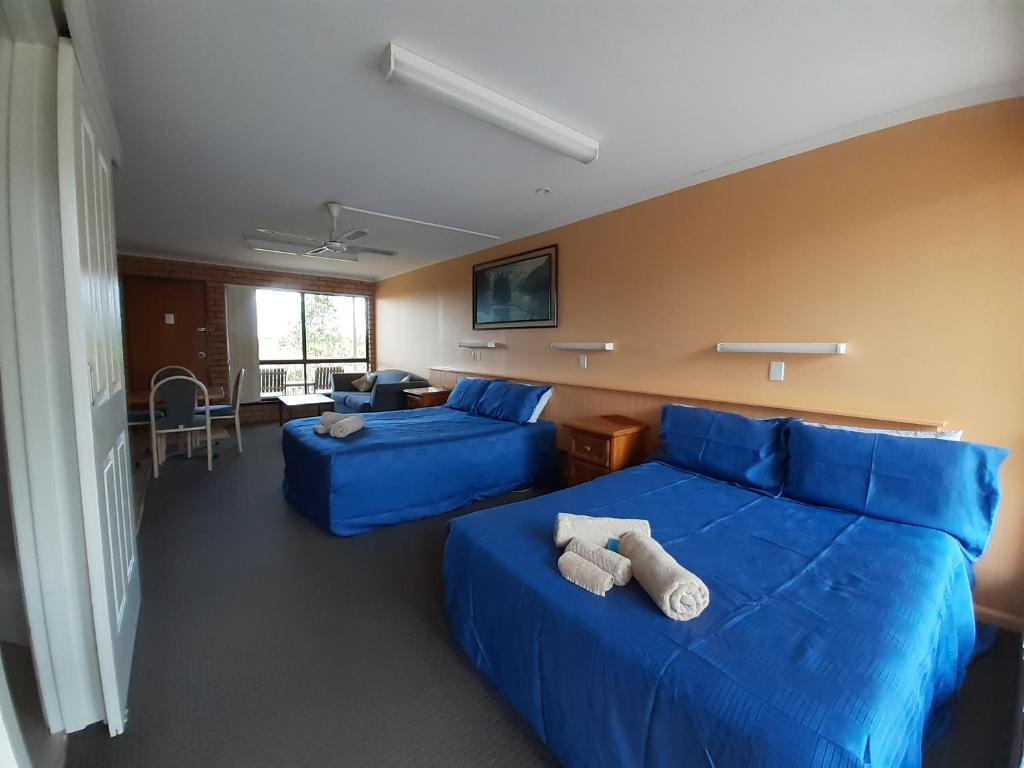 a bed room with a blue couch and a blue bedspread at Bayview Motor Inn in Eden