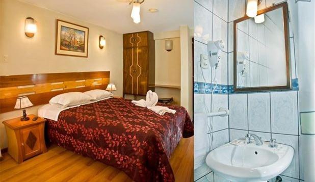 a hotel room with a bed and a sink at Hostal Ameron in Juliaca