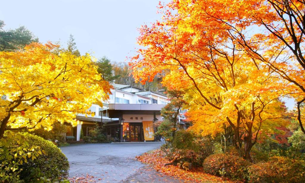 una casa en un camino con árboles con hojas de otoño en Ichikawa Bekkan Seikanso, en Shibukawa