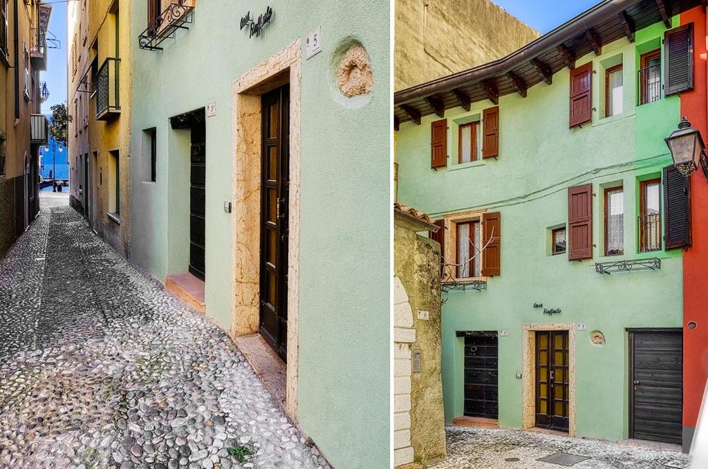 deux photos d'une allée dans un vieux bâtiment dans l'établissement Casa Raffaele, à Malcesine