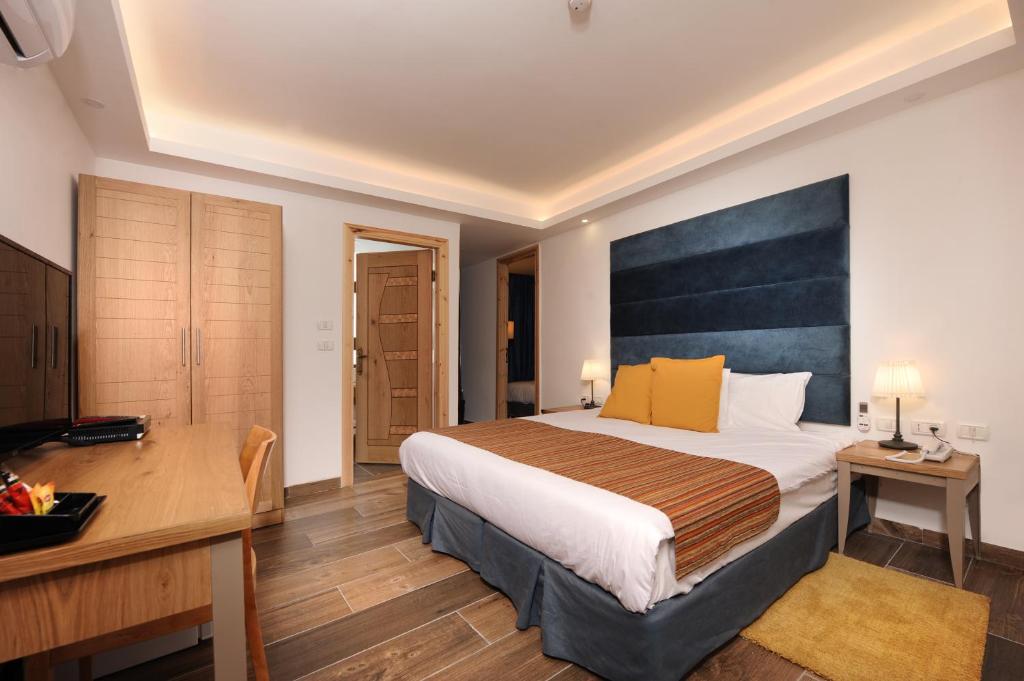 ミツペ・ラモンにあるTzukim Desert Traveler's Hotel - מלון צוקיםのベッドとデスクが備わるホテルルームです。