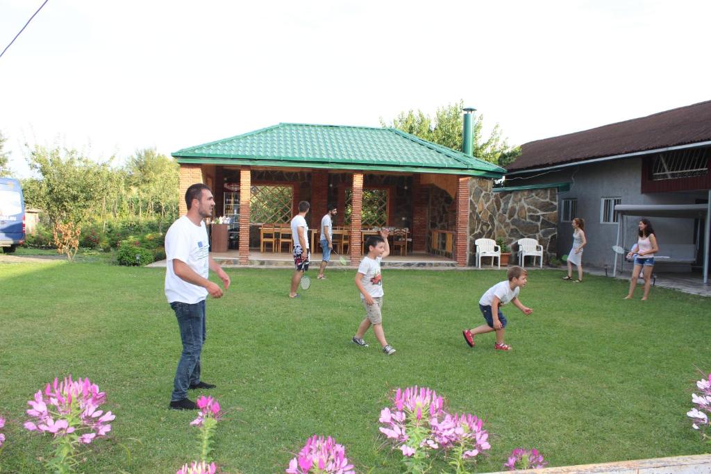بيت ضيوف Alvani في Nizhniy Alvani: مجموعة من الناس يلعبون الطبق الهوائي في الفناء