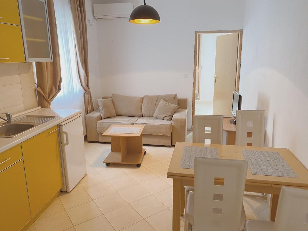 a kitchen and living room with a couch and a table at Apartments Sneki in Baošići