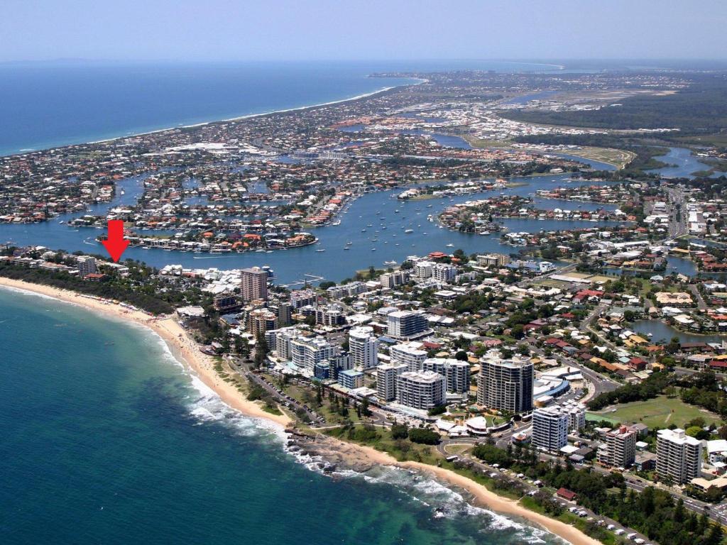an aerial view of a city and the ocean at Maui Unit 6 in Mooloolaba