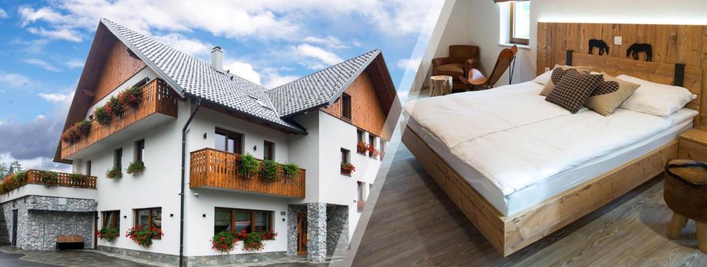 2 Bilder von einem Schlafzimmer und einem Haus in der Unterkunft Pr Anzl in Bled