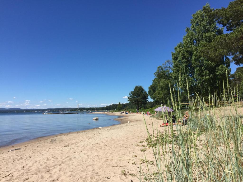 a beach with a group of people sitting under an umbrella at Hostel Hudiksvall Malnbaden Camping in Hudiksvall