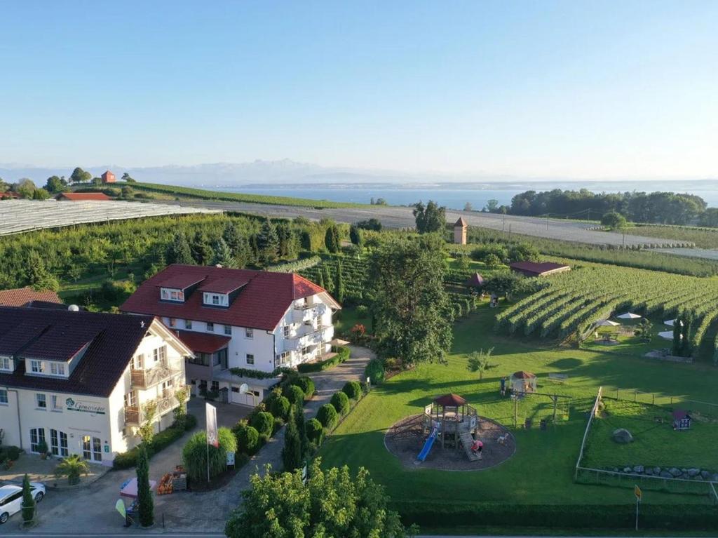 an aerial view of a estate with a vineyard at Obst- und Ferienhof Gomeringer in Immenstaad am Bodensee