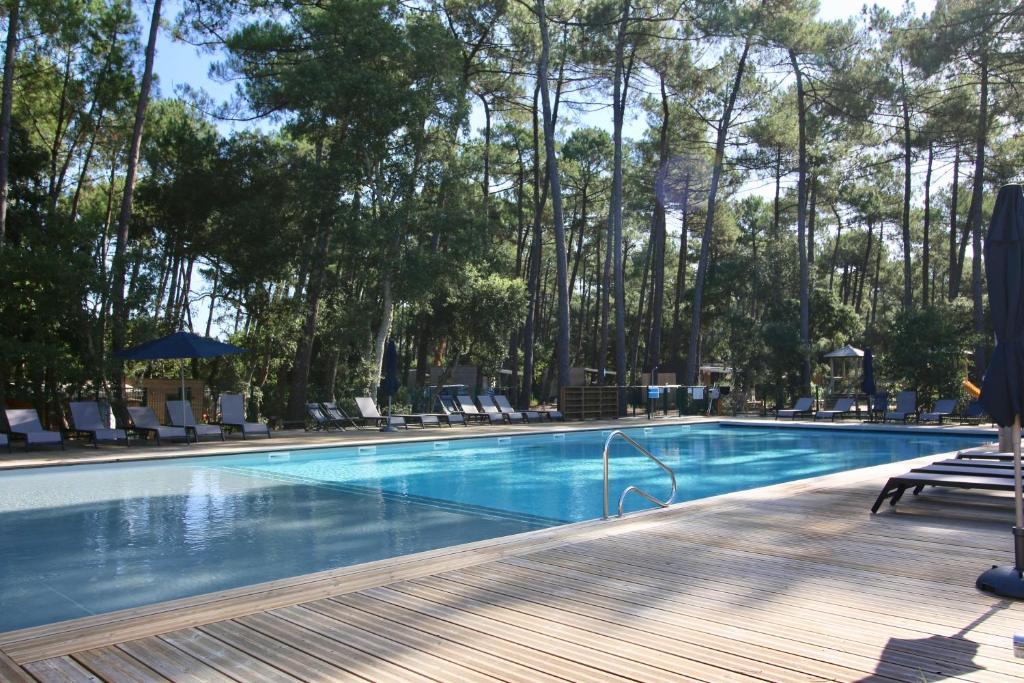 a swimming pool with chairs and trees in the background at Airial du Seignanx in Ondres