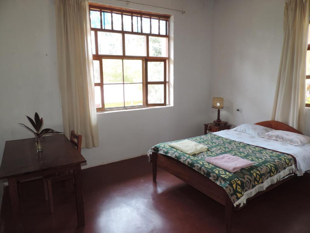 1 dormitorio con cama y ventana en Mishky Wasi, en Lamas