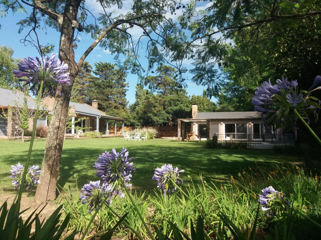 una casa con flores púrpuras en el patio en Complejo Arboreto en San Pedro