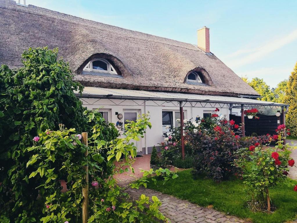 een oud huis met een rieten dak en wat bloemen bij Reet Landhaus Rügen in Ummanz
